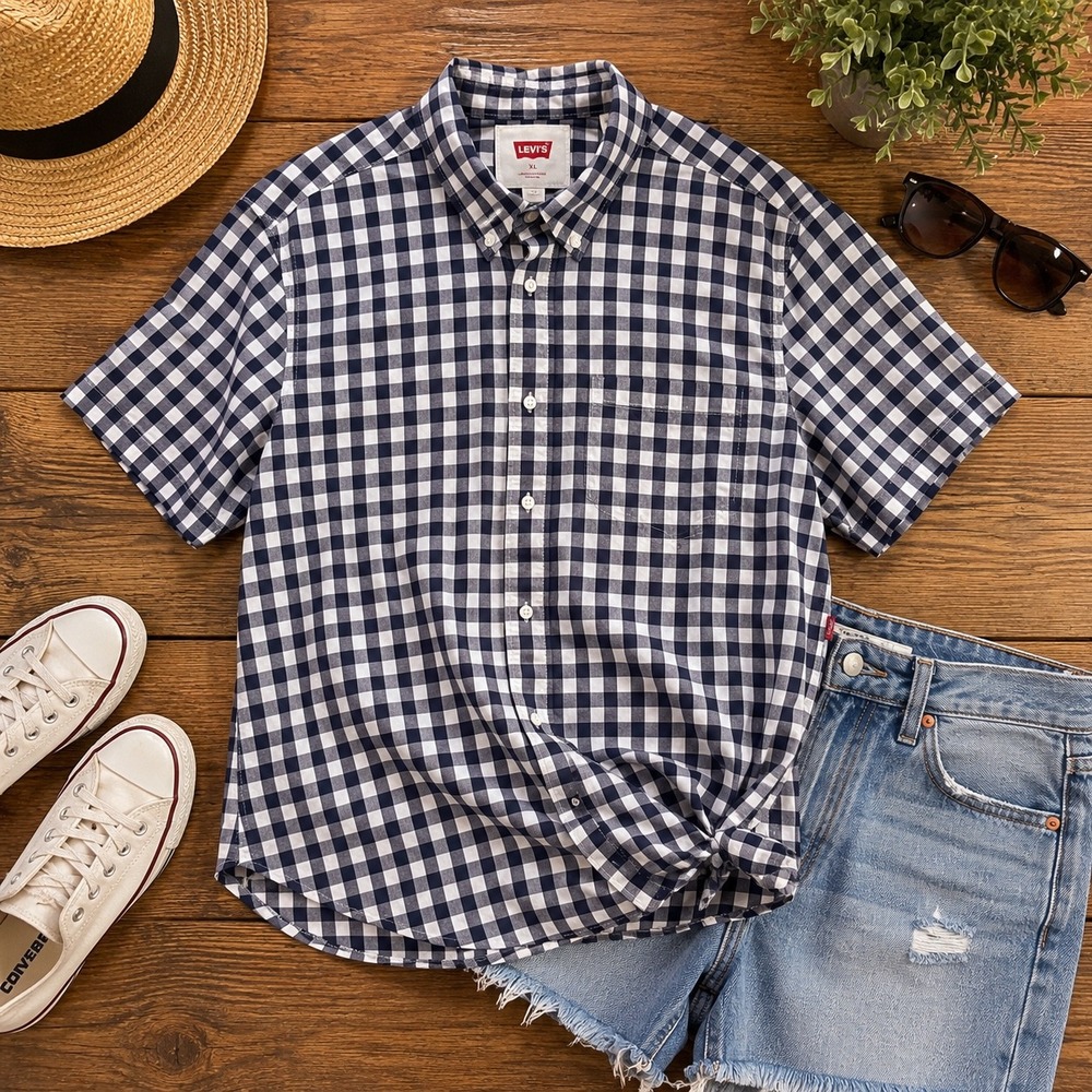 Levi's Womens XL Navy White Gingham Plaid Button Up Cotton Camp Shirt Oversized